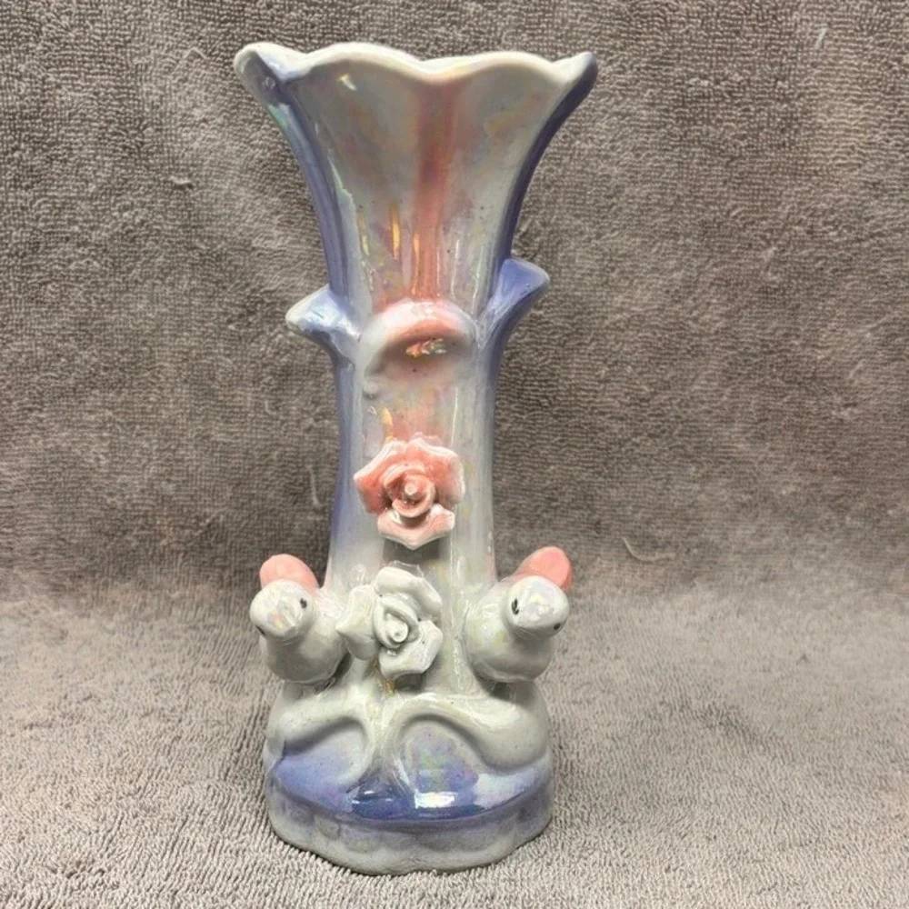 Vintage Iridescent Lusterware Bird Bud Vase Pink Blue Roses Japan 7.5